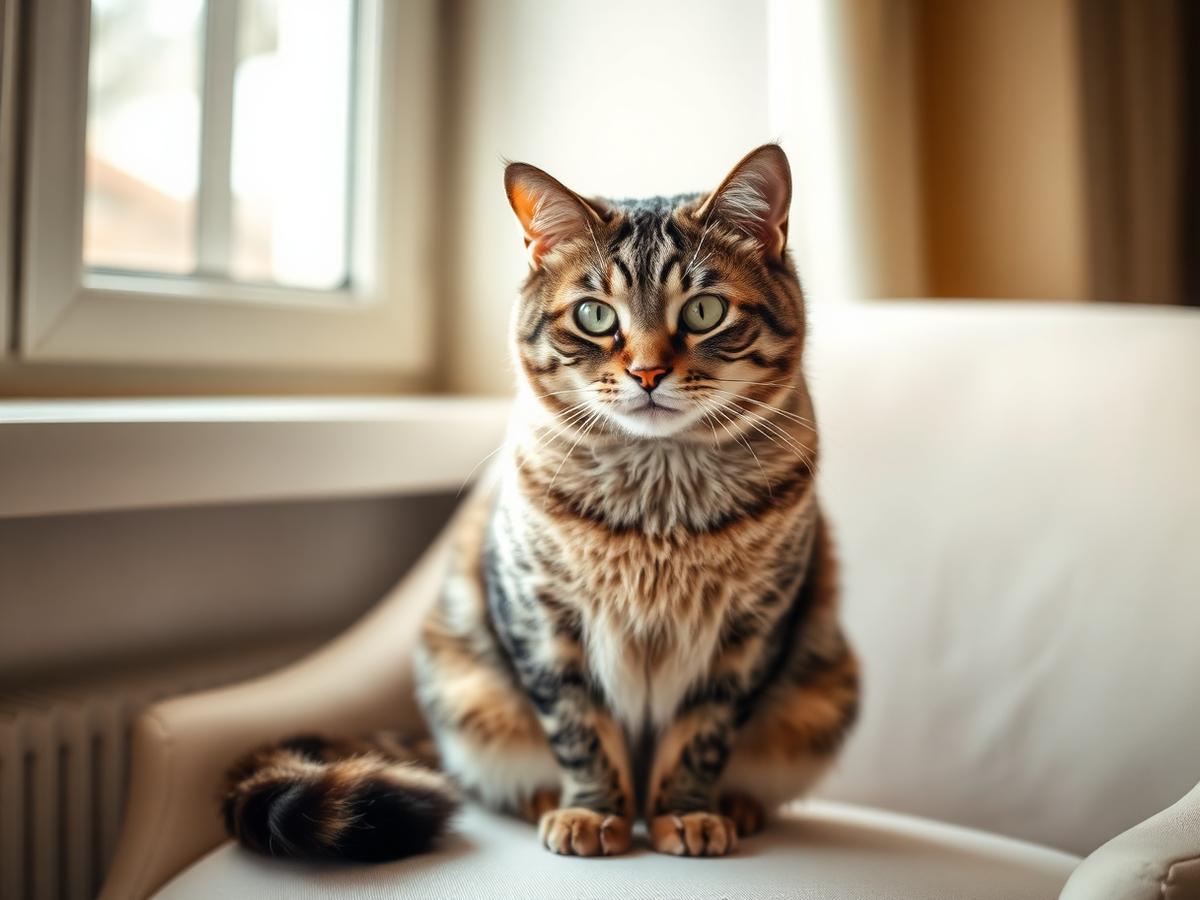 Ältere getigerte Katze sitzt entspannt auf einem cremefarbenen Sessel am Fenster