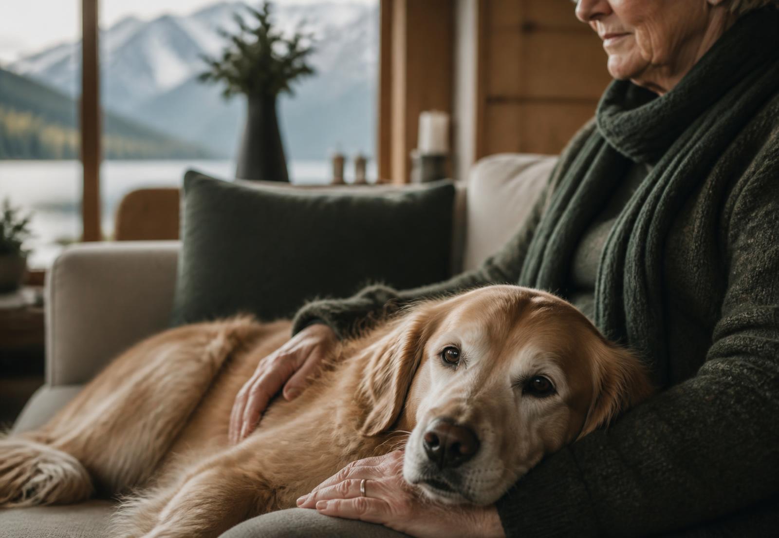 Ältere Golden-Retriever-Hündin liegt entspannt neben ihrer Besitzerin